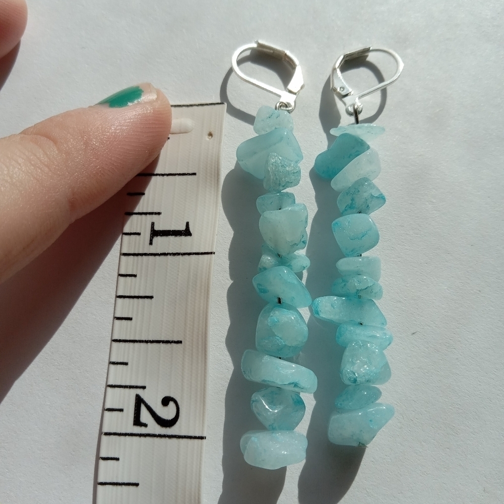 Blue stone chip earrings with hypoallergenic silver plated earwires boho western - Picture 4 of 4